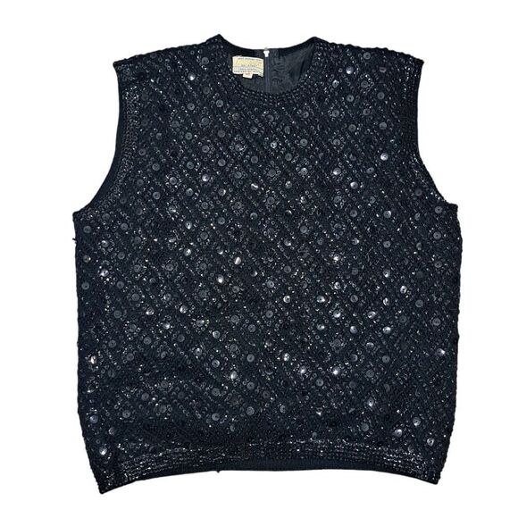 Vintage Cyn Les Wool Hand Beaded Sequin Sleeveless Top Size 40 Black - Picture 1 of 17